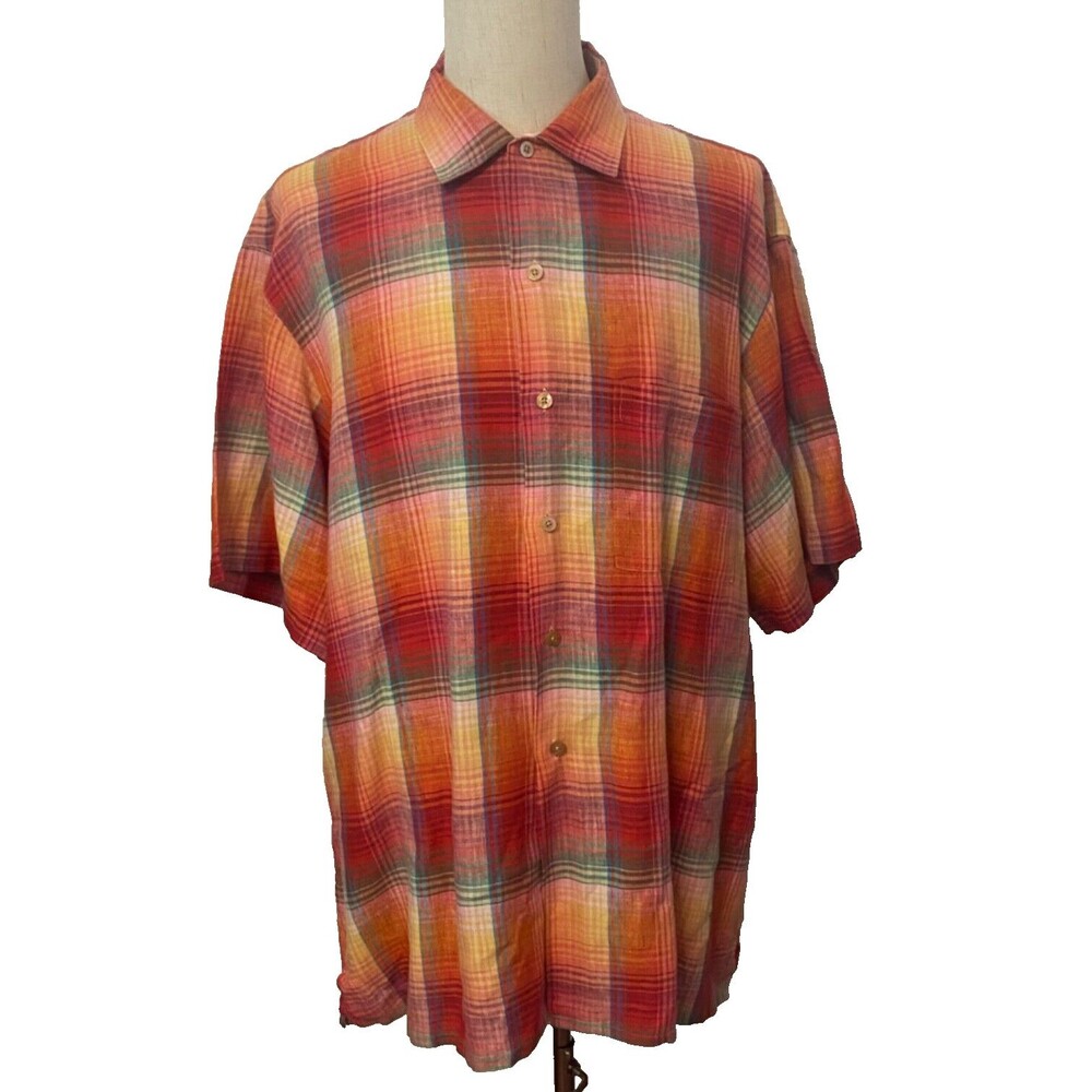 Scott Barber 100% Linen Shirt Men's XL Pink Orange Plaid Button Up Short Sleeve